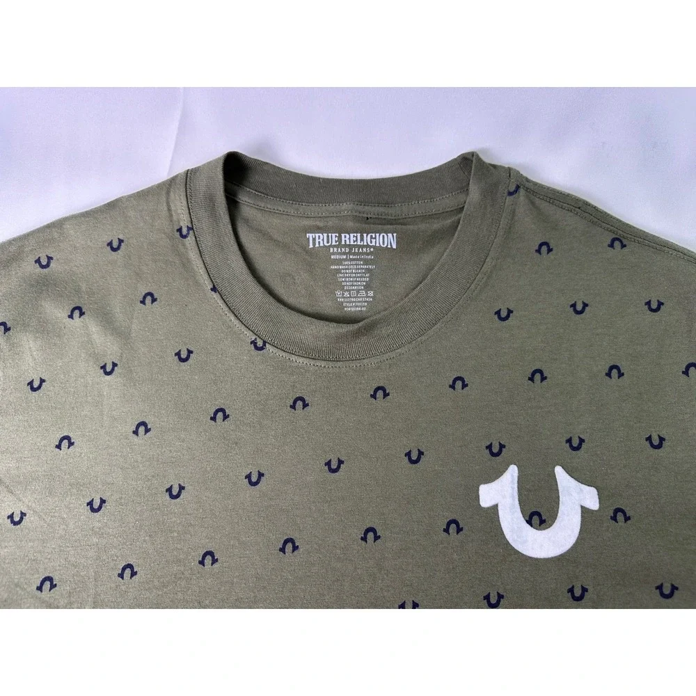 True Religion Men's Olive Green Mini Horseshoe Logo AOP Med Short Sleeve T-Shirt